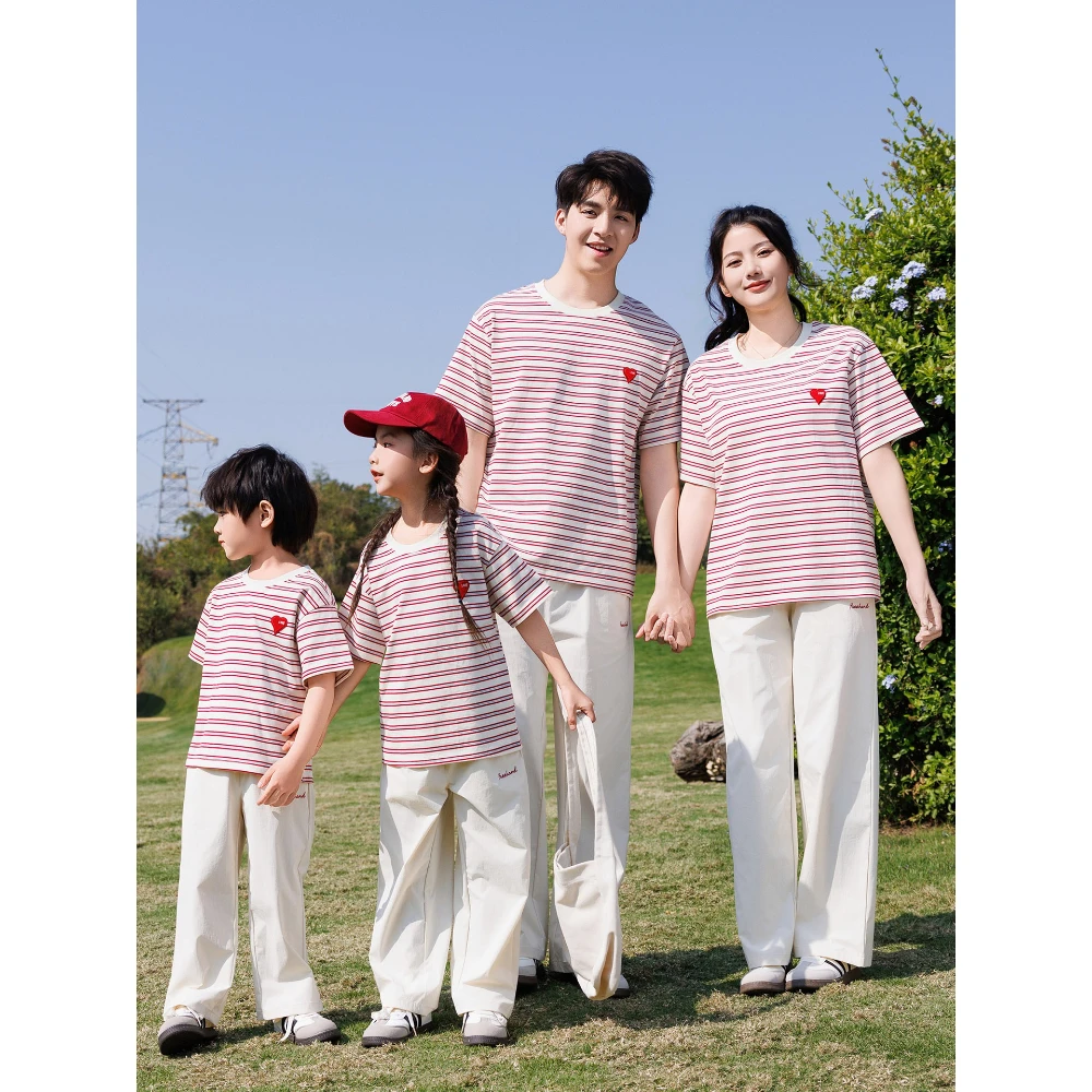 2026 Summer Family Matching Outfits Striped Crew Neck T-Shirt & Pants Set Casual Daily Wear for Mom Dad Kids Breathable Cotton