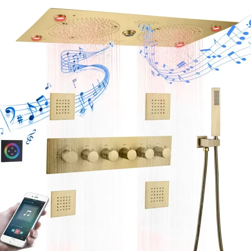 Smart Remote Control Thermostatic Shower System with LED Music and 4 Body Jets Ceiling Rain Mixer Set for Bathroom