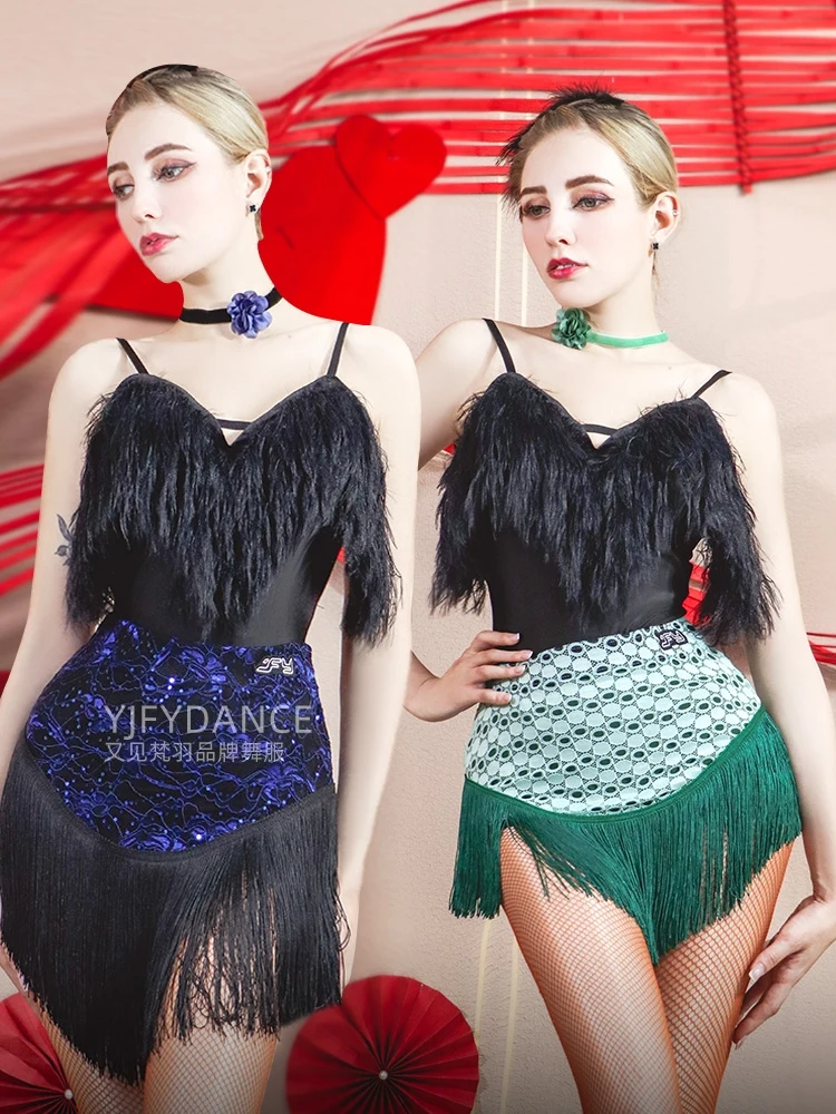 

Sexy Backless Tops Tassel Skirts Suit Chacha Rumba Tango Dress Latin Dance Practice Clothes Female Adult Latin Costumes DN16983