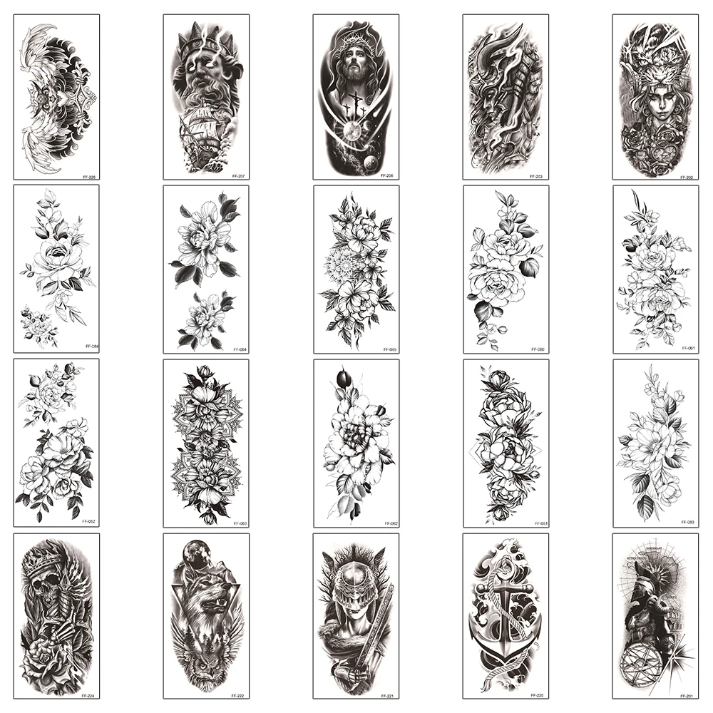 

20Pcs/Lot,Waterproof Temporary Fake Tattoos Stickers,Water Transfer Decals,Flower Wolf Knight Skull,Body Art for Sexy Man Women