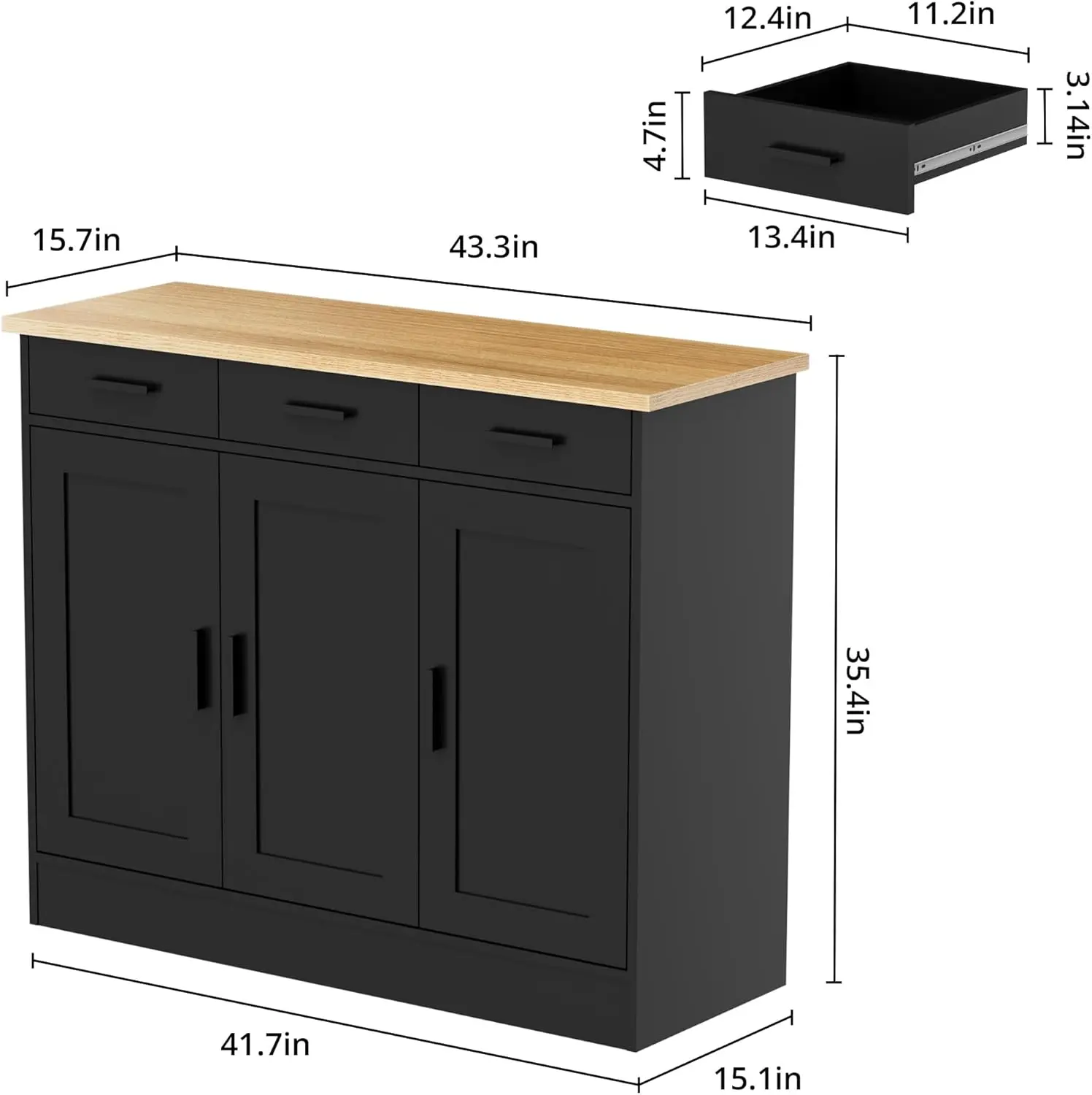 Black Buffet Cabinet, Coffee Bar Cabinet with 3 Drawers & 3 Doors, Kitchen Buffet Sideboard