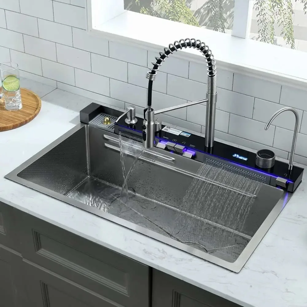 Wholesale Of New Products Nano Digital Display Waterfall Sink with Pull-out Faucet Smart Single Bowl Deep Kitchen Sinks