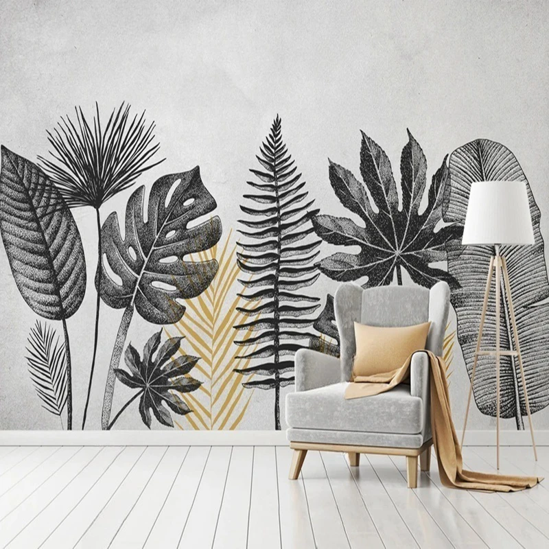 Retro Style Customized Wallpaper Home Decor Painting Mural Black Leaf Pattern Hand-painted Background Living Room Bedroom 3D