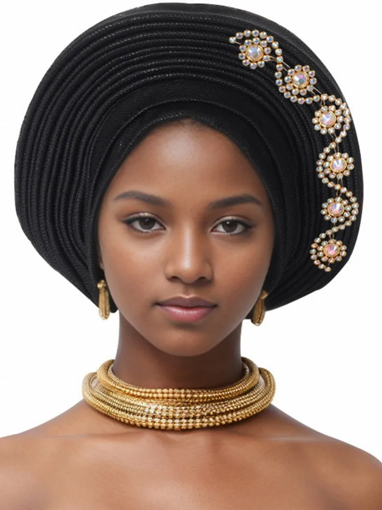 2024 New African Headtie Turban Nigeria Head Ties With Flowers Already Made Auto Gele Women Head Wraps For Wedding Party