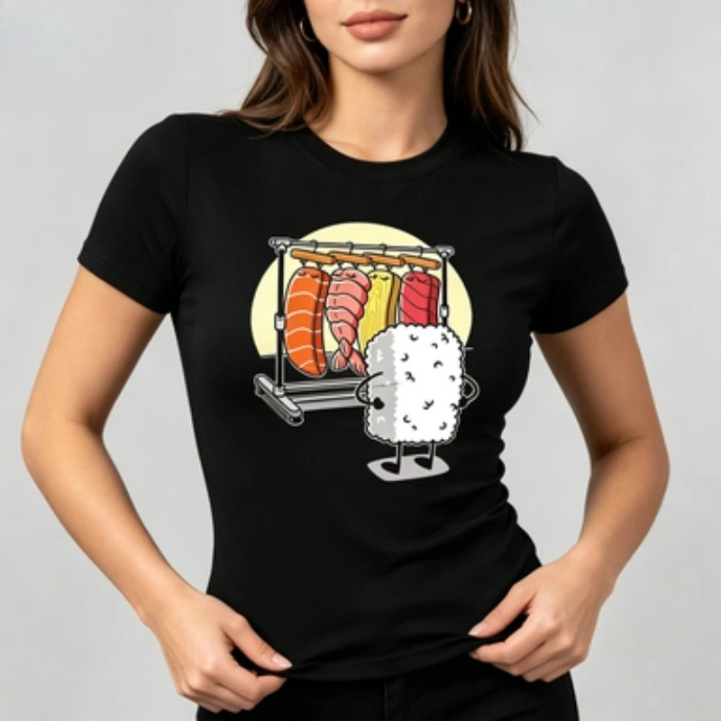 Womens 100% Cotton Tshirt Funny Sushi Rice Cartoon Graphic Tee Short Sleeve Crew Neck Cute Seafood Foodie Casual Daily Shirts