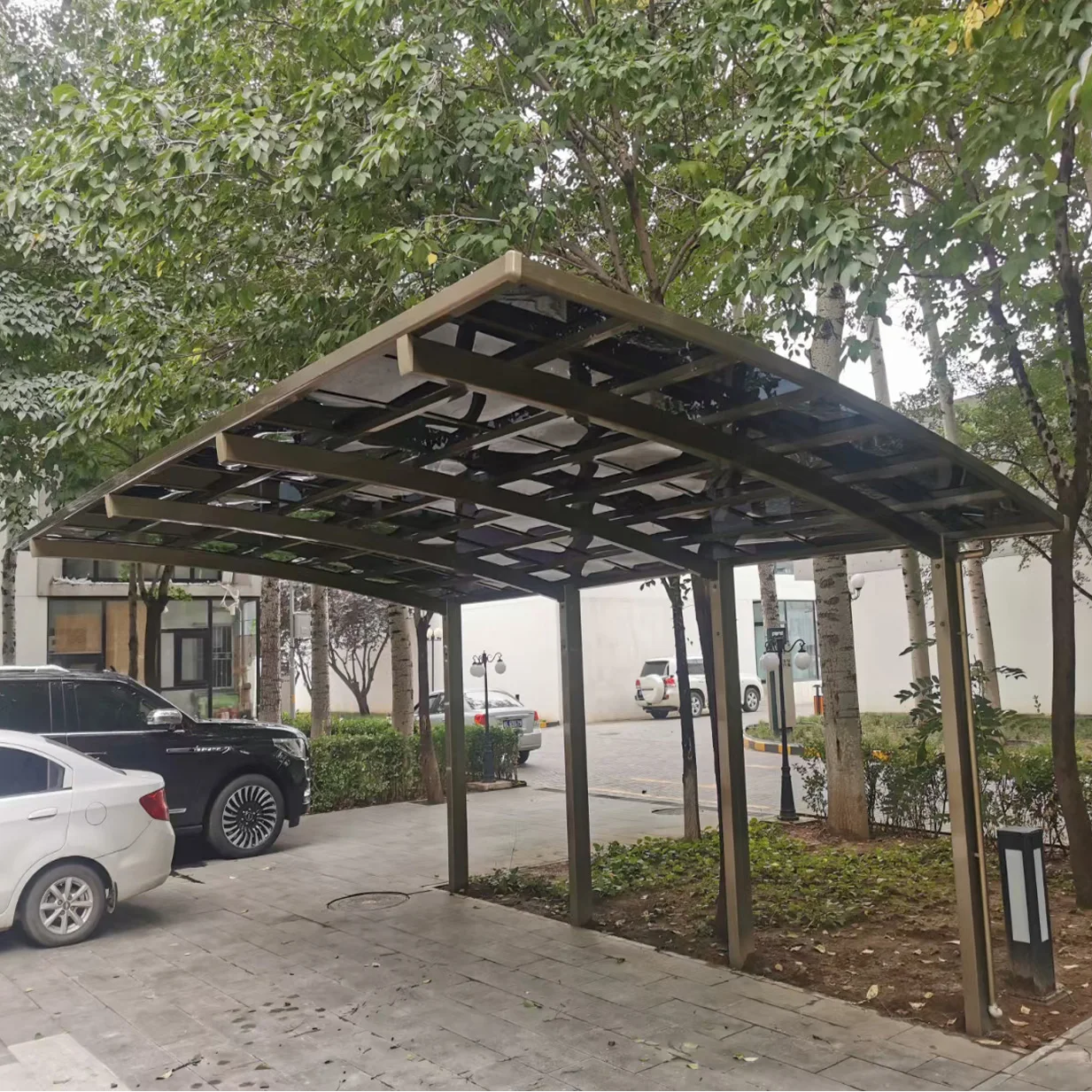 6*3 Single-Car 3Columns Parking Shed Modern Outdoor Design High-Strength Aluminum Alloy Frame Curved Roof Waterproof Cantilever