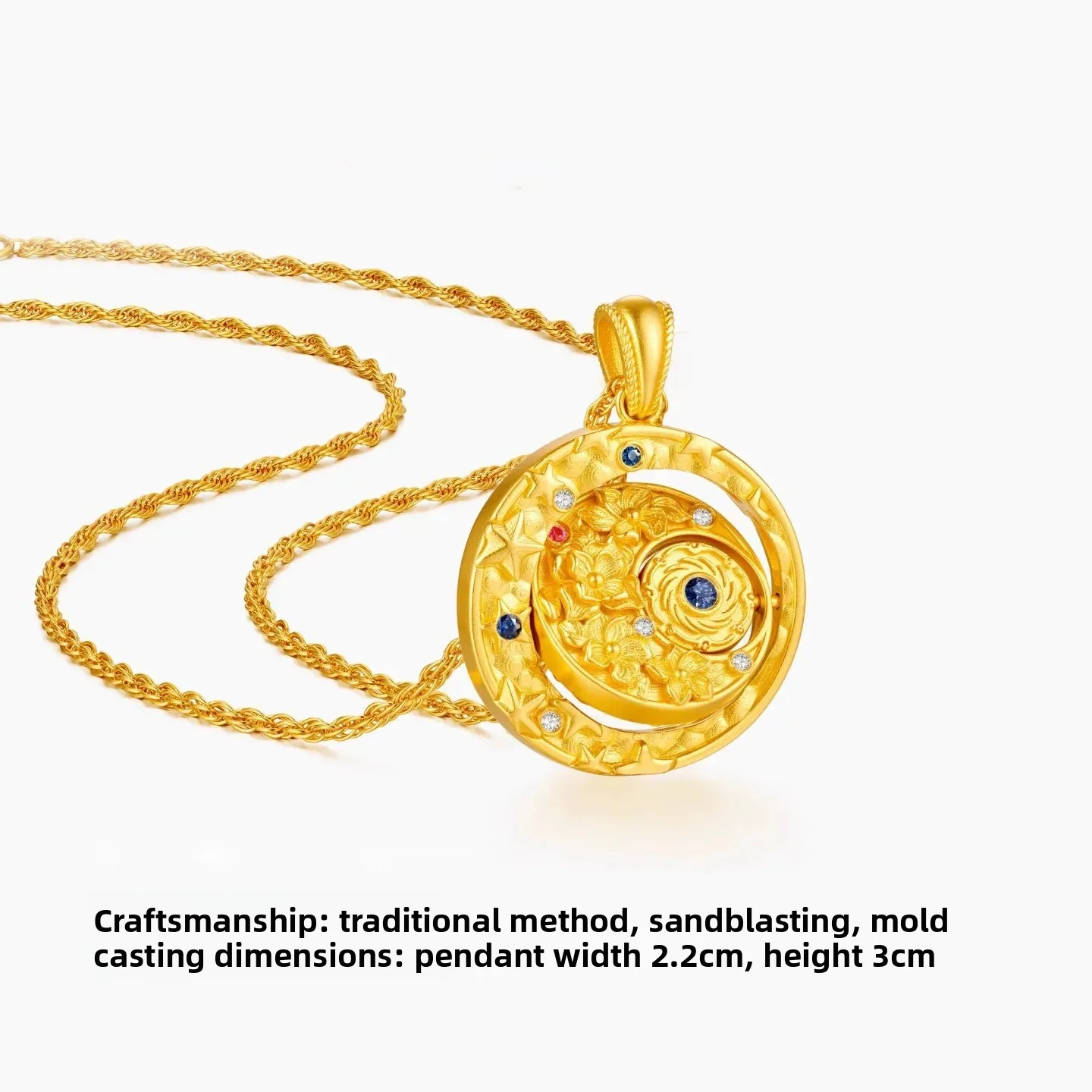 Vintage Chinese Gold Plated Golden Crow Shines Moon Rotatable Pendant Clavicle Necklace Lucky Blessing Good Fortune Jewelry For