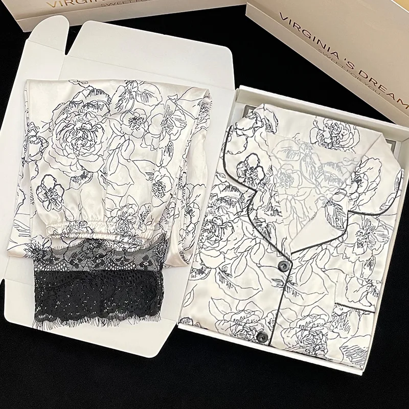 

New Fashion Luxury Ice Silk Pajamas Long-Sleeve Top and Long Pants Two-Piece Set Lace Trim Teenage Girl's Sleepwear Homewear Set