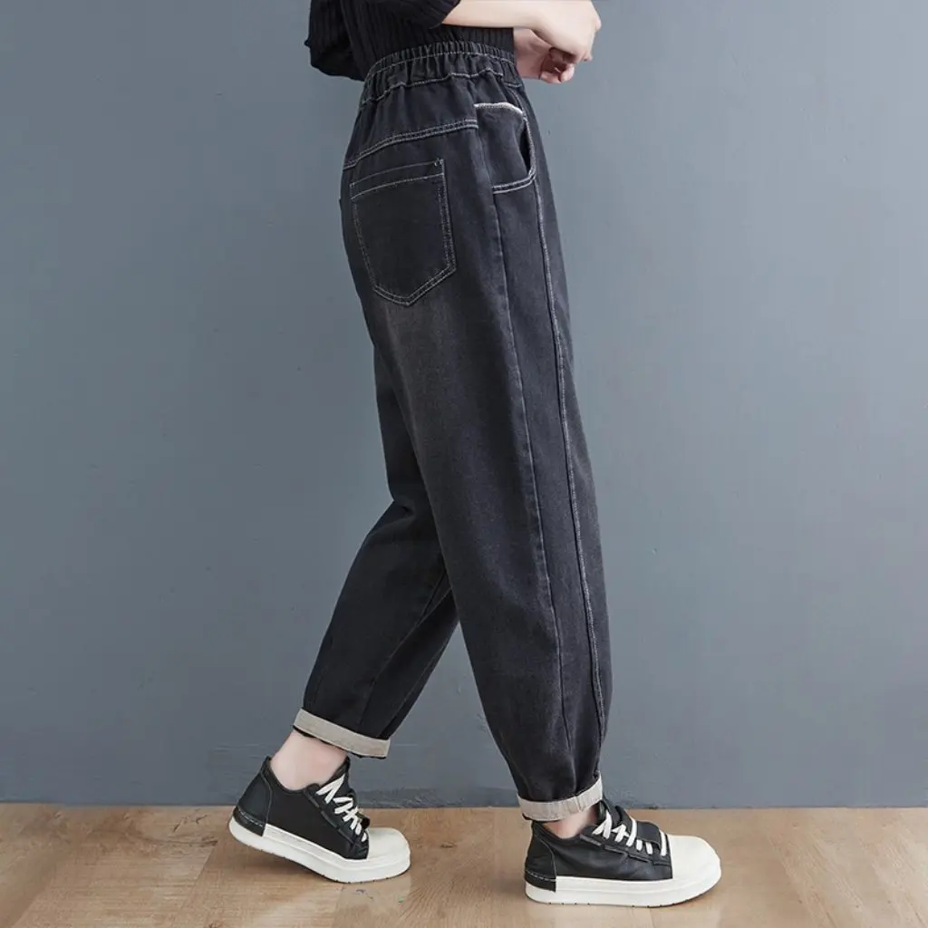 

Осенне-зимние утолщенные джинсы-шаровары для женщин больших размеров, модные свободные джинсовые брюки для больших девочек