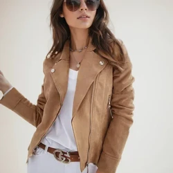 New Fashion Autumn and Winter Women's PU Leather Zipper Jacket Long Sleeve Coat Brown Slim 17079