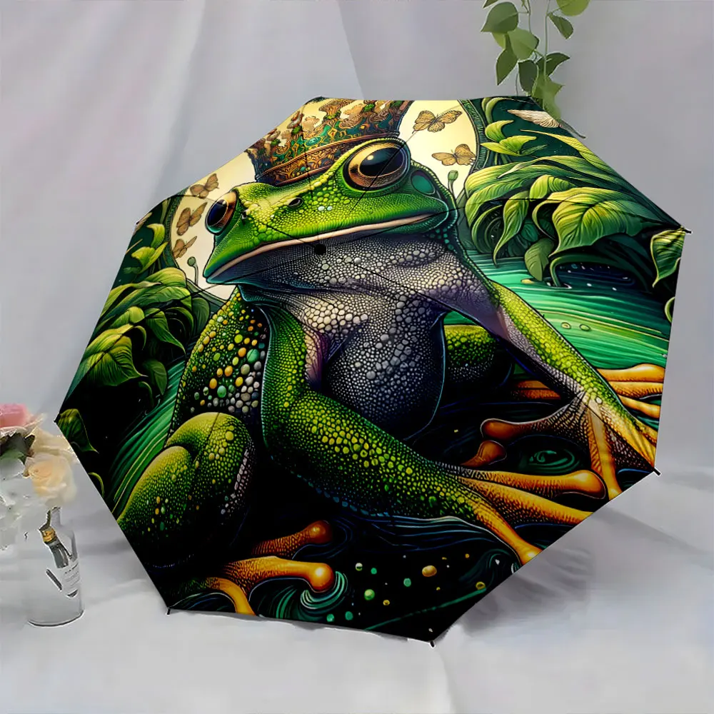 1PC Majestic Frog Umbrella with Regal Greenery Design Print 8 Iron Ribs Folding Umbrella Auto-Open Fashion Sunshade