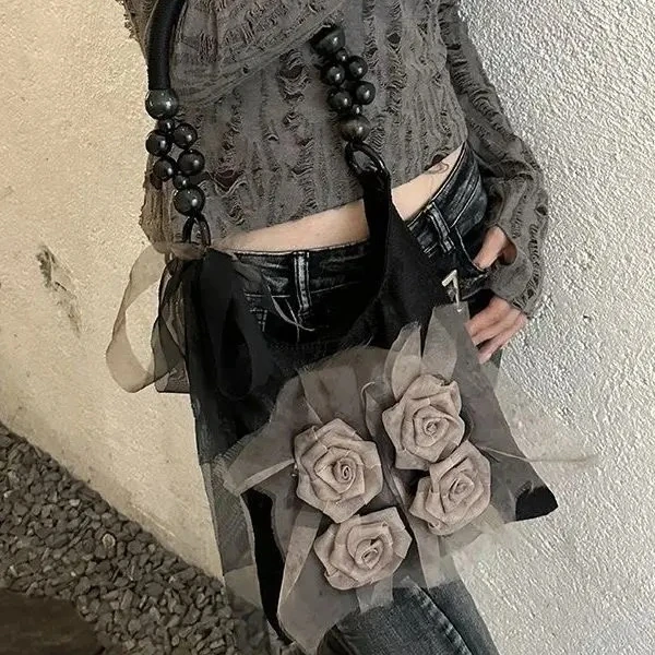 

Retro Chinese Style Shoulder Bag Large Capacity Plant Dyeing Rose Design Tote Bags High Quality Women's Underarm Commuting Bags