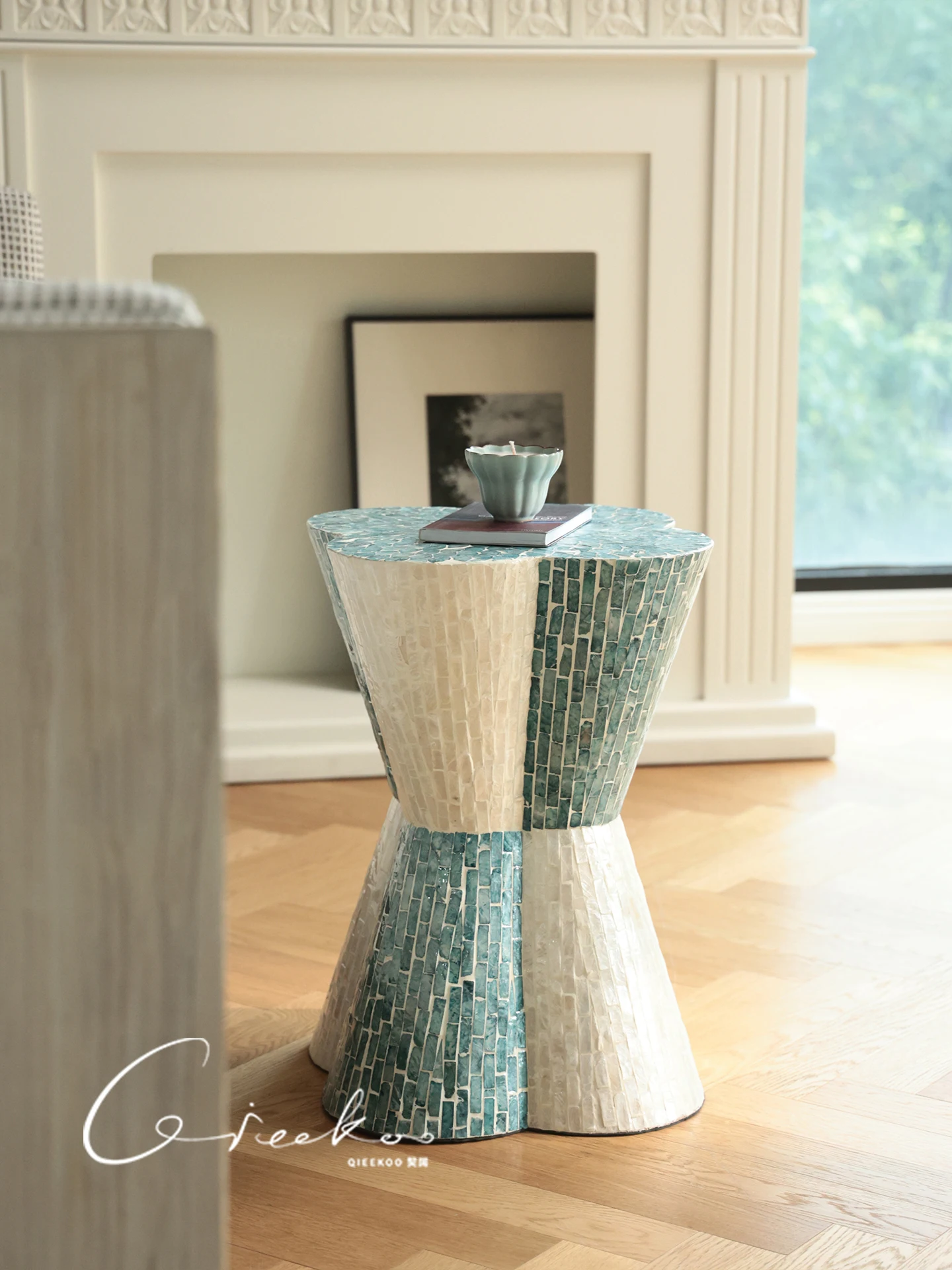 Home Living Room Sofa Mobile Side Table Coffee Table Blue White Colorblocking Handmade Shell Multi-Purpose Seat Pier Several