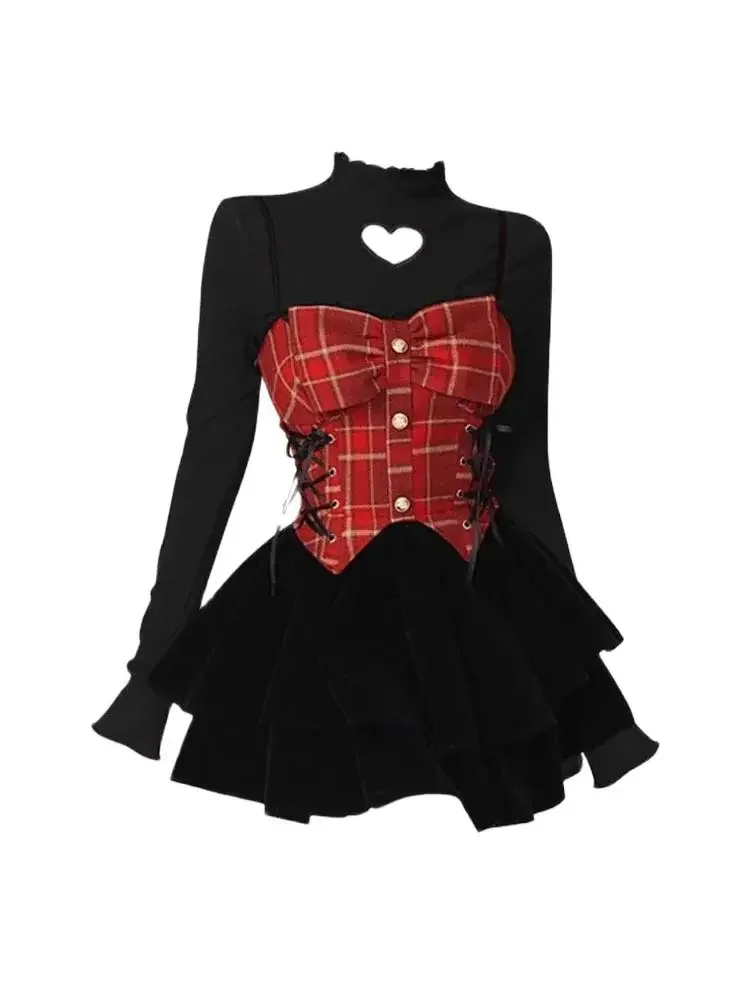 

Autumn Women Gyaru Y2k 000s Aesthetic Vintage Evening Suit Outfits 2 Piece Set Long Sleeve T-Shirts + Mini Plaid Patchwork Dress