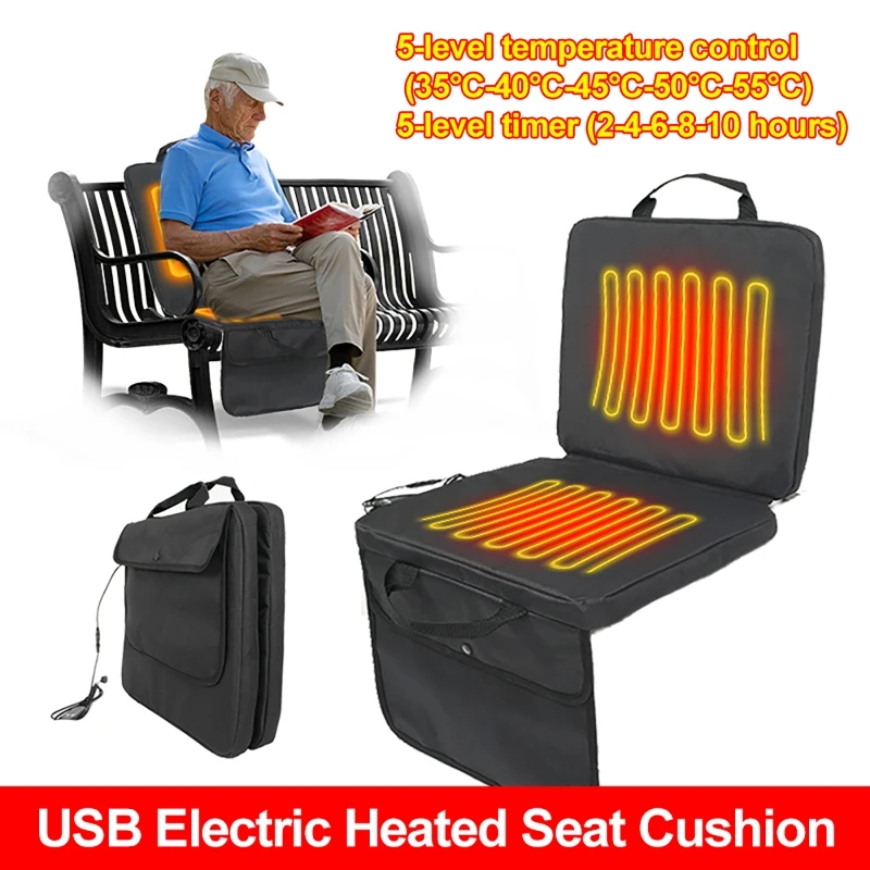 

USB Electric Heated Seat Cushion with Backrest 5-Speed Timer Temperature Adjustment Outdoor Thickened Camping Heating Pad