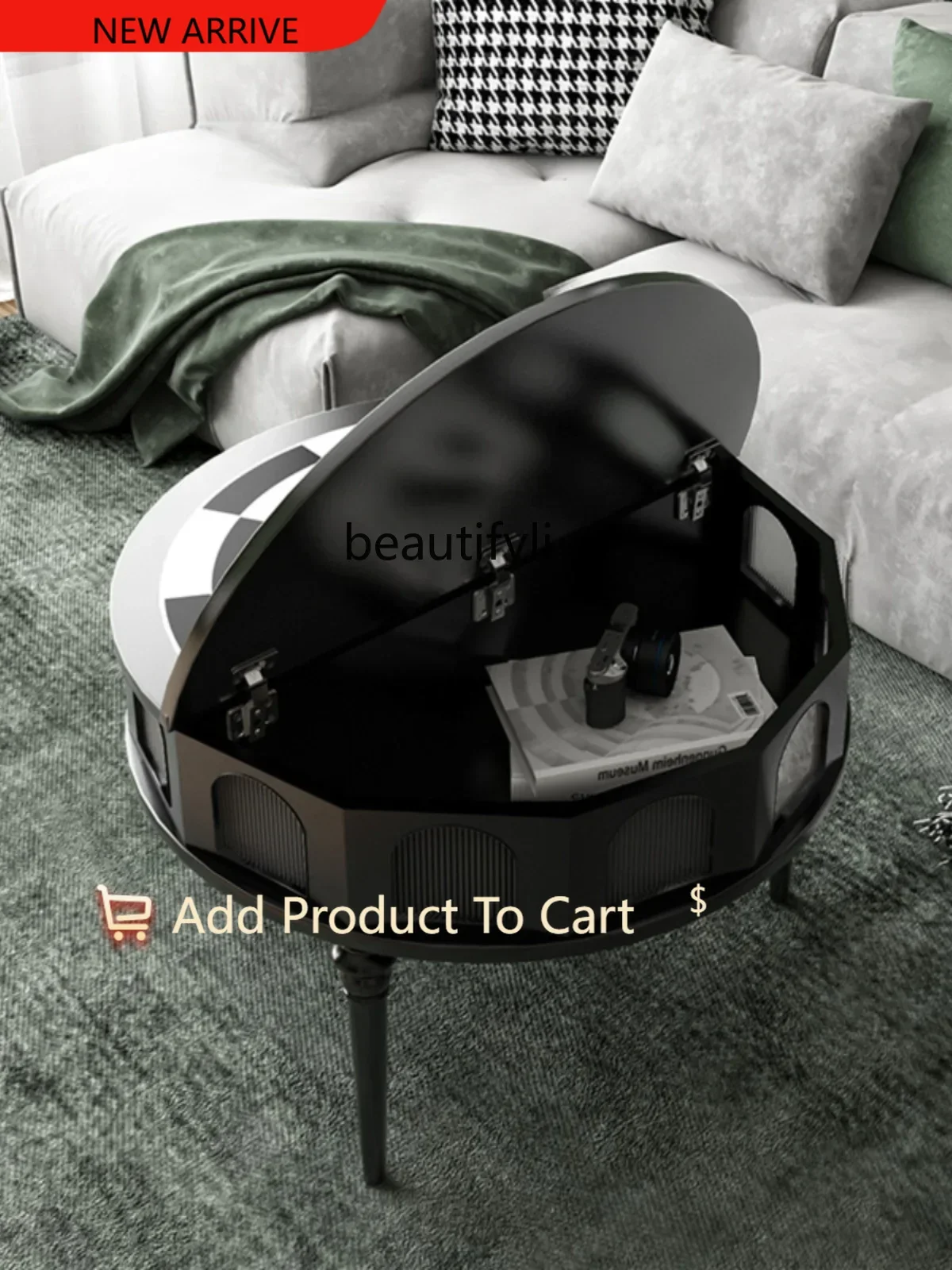 

Retro French round Coffee Table Solid Wood Flip Design Tea Table Living Room Storage Tea Table Black Series Furniture G1218