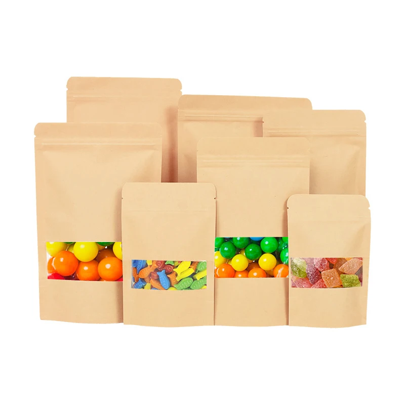 10pcs Kraft Paper Bag With Clear Window Stand Up Resealable Self Sealing Packaging Bags Cookie Snack Tea Food Storing Supplies