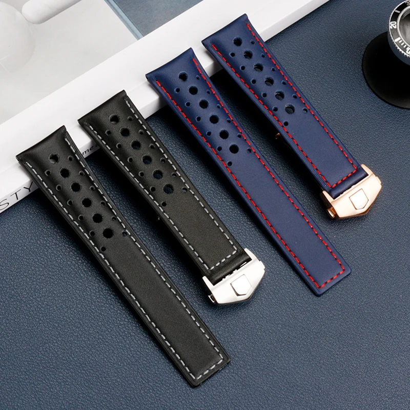 Breathable Genuine Leather Watchband 22mm For TAG HEUER MONACO CARRERA CBL2115 Men\'s Leather Watch Strap Folding Buckle Bracelet