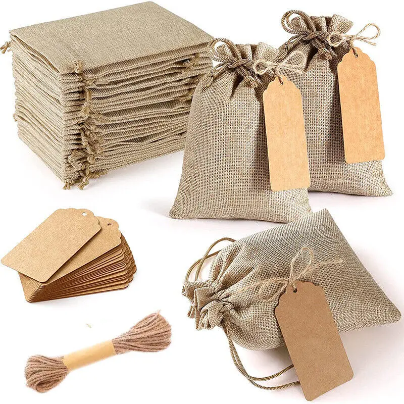 

25pcs Burlap Gift Bags Drawstring with tags Jewelry Pouches Wedding Party Favor Reusable Premium Linen Sacks Coffee Gift Bags