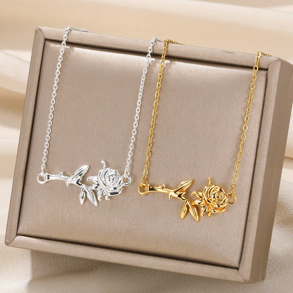 Rose Flower Pendant Necklaces For Women Waterproof Stainless Steel Necklace Vintage Fashion Jewelry Party Gift