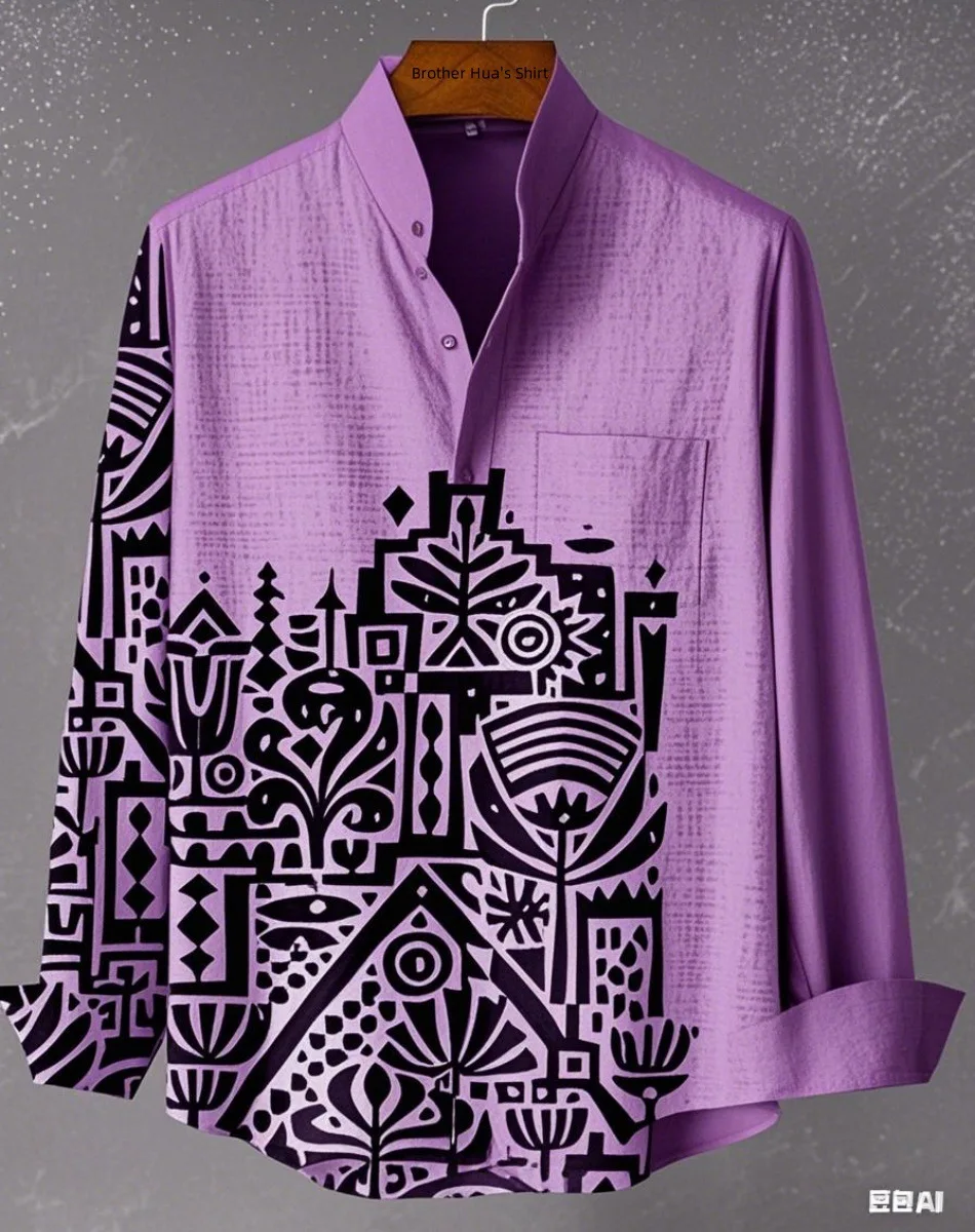 2025 Fashion New Men's Stand up Collar Linen Long Sleeve Shirt 3D Art Printed Simple Pattern Men's Casual Comfortable Large Size