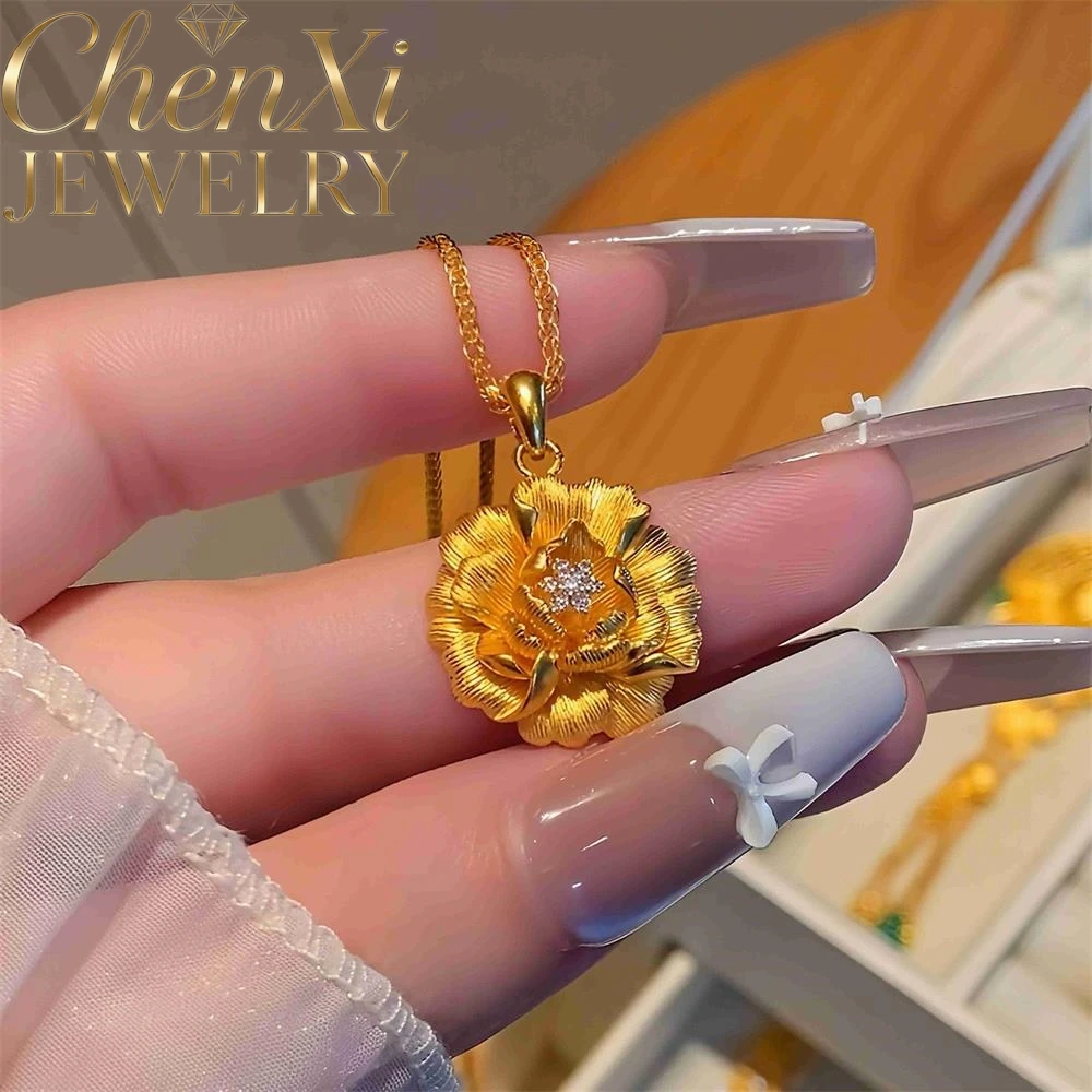 

High-end Sand Gold Three-Dimensional Set-Of-Diamond Lotus Flower Pendant Luxury Quality Fine Fashion Jewelry Exquisite Elegant