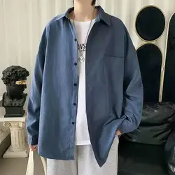 Summer Solid Color Long Sleeve Thin Men's Clothing Hong Kong Breeze Solar System Simplicity Loose Oversized Spliced Pocket Shirt