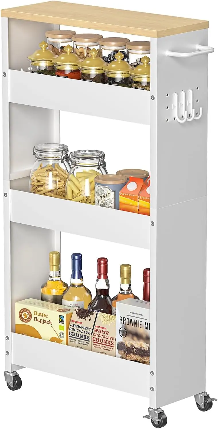 

4-Tier Slim Rolling Storage Cart with Wheels, 5.9IN Wide for Kitchen Bathroom Laundry Small Spaces in White/Natural