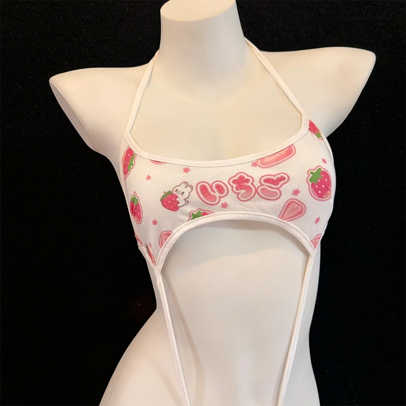 

Новый эротический сексуальный кавайный мини трехточечный бюстгальтер на шнуровке, трусики, комбинезон, клубничное бикини, пляжный купальник, трусики, комбинезон для косплея, комплект