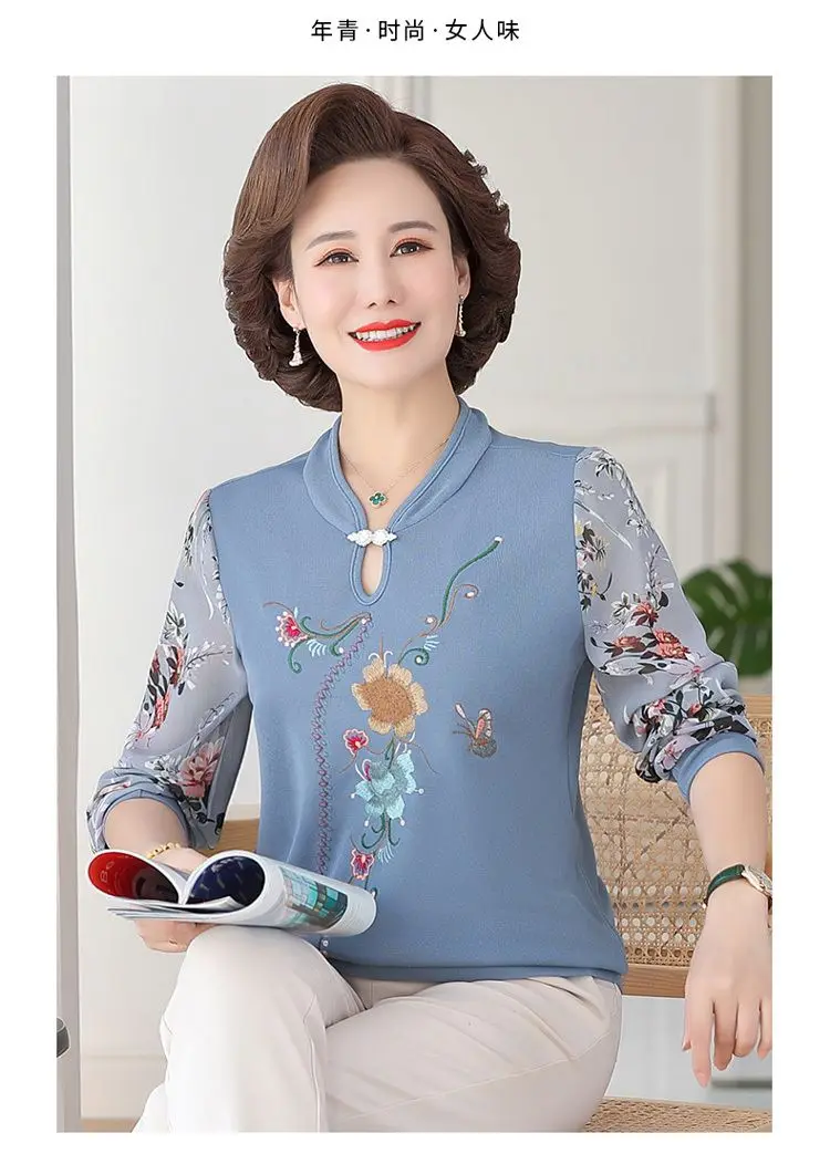 Mom\'s Long Sleeved Shirt with Base Small Shirt, Middle-aged and Elderly Women\'s Clothing Western-style T-shirt Fashionable