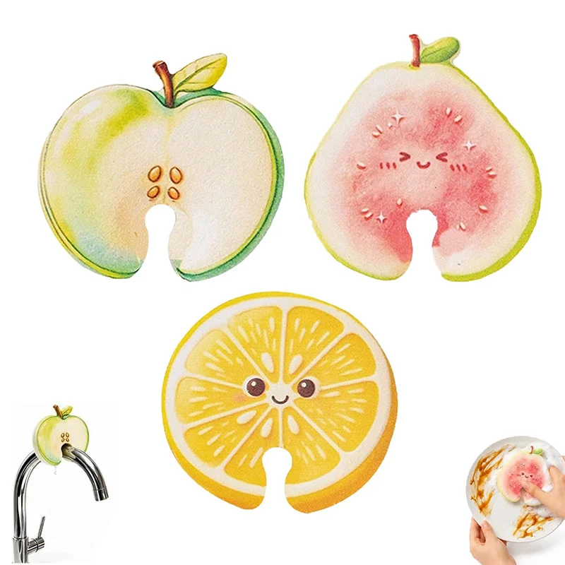 Fruit Shaped Dishwashing Sponge Cute Apple Pear Lemon Design Kitchen Cleaning Sponge Scrub Pad For Pot Bowl Plate Sink Washing
