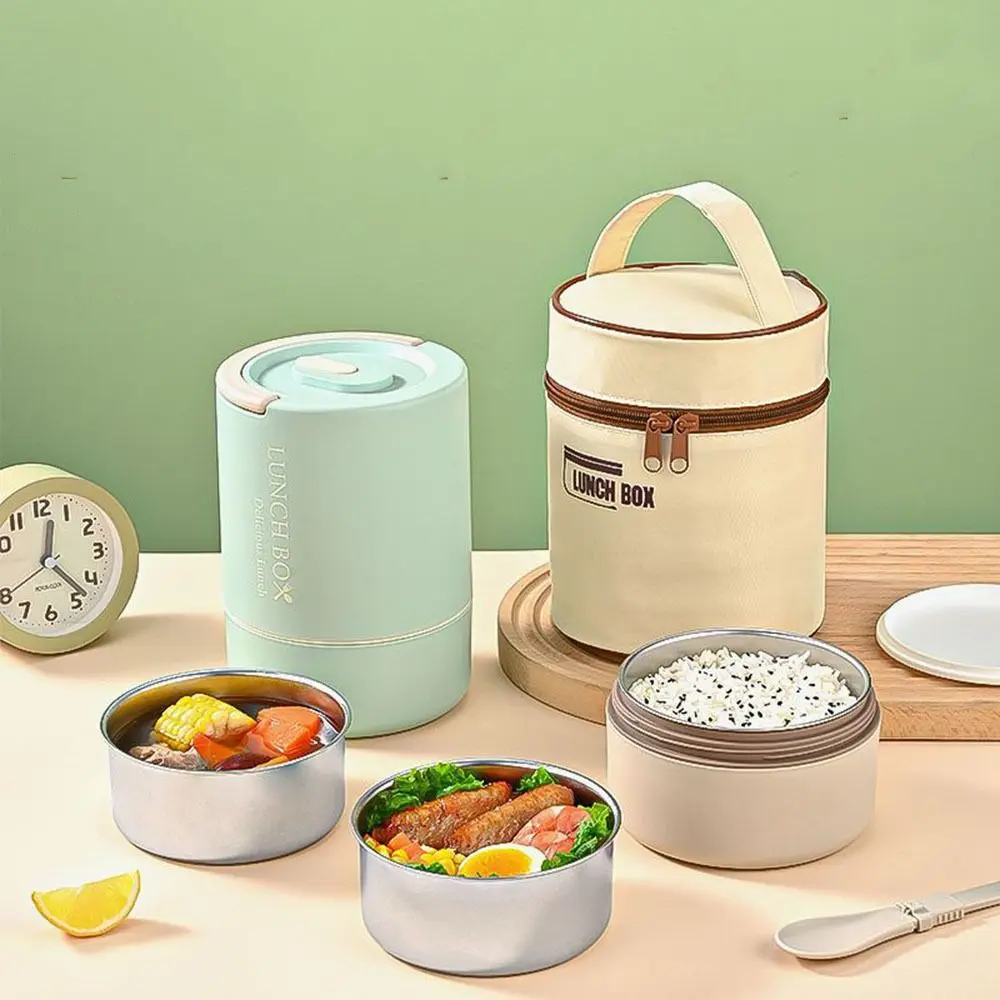 

Practical Stainless Steel 3 Layers Lunch Box Round Sealed Insulated Lunch Box Stackable with Spoons Food Container School