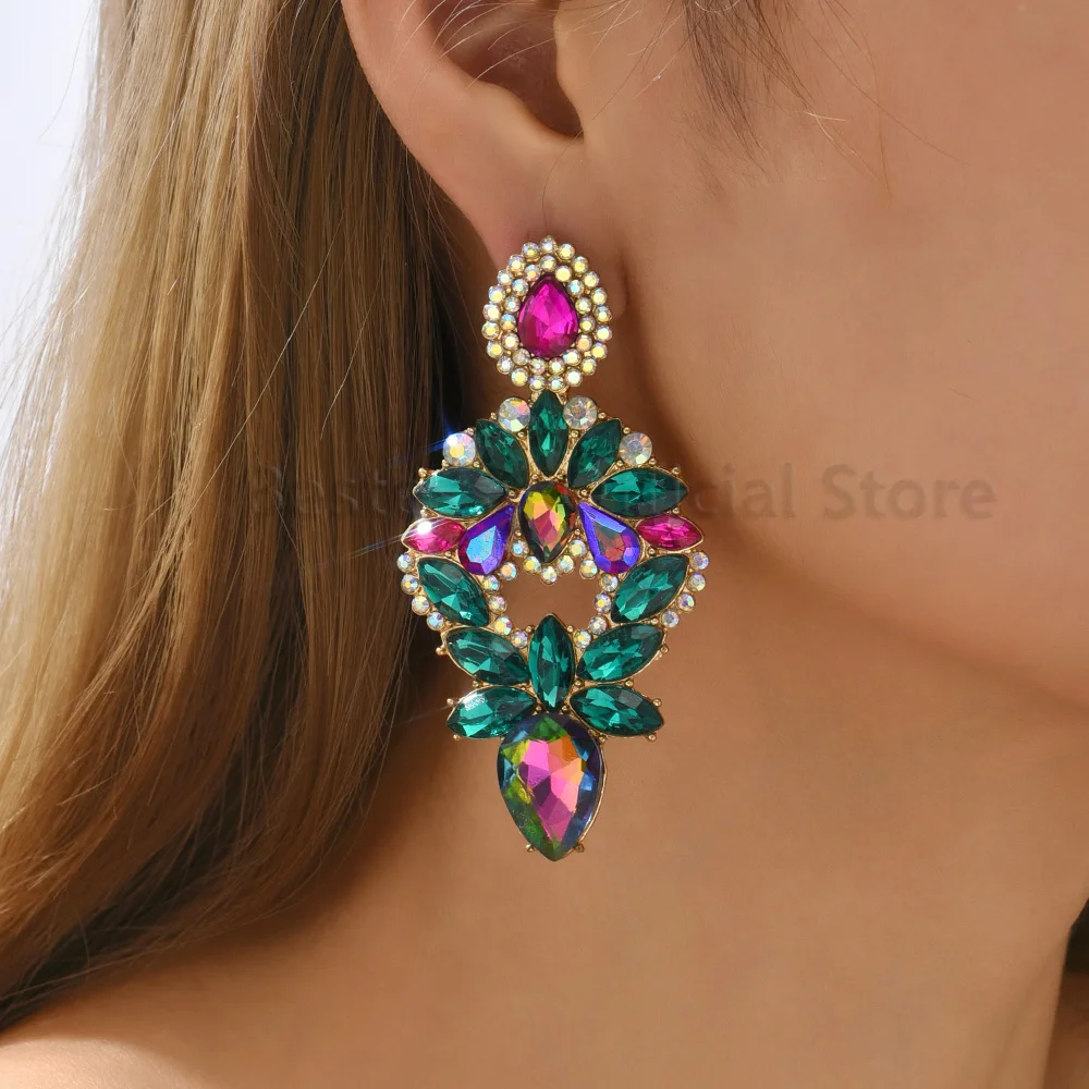 

Luxury Green Crystal Dangle Earrings For Women French Elegant Popular Big Pendientes Girl Party Fashion Geometric Jewelry Gift