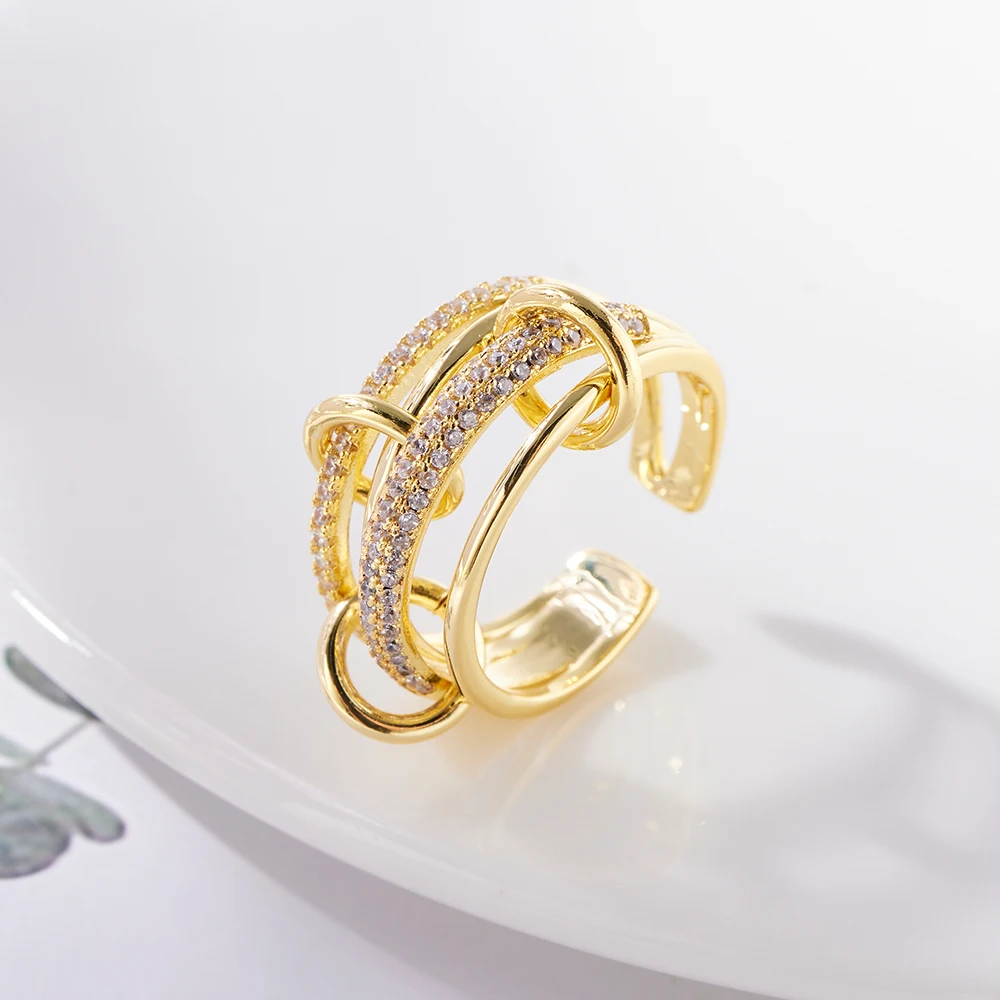 InJewelife Multi Layer Knot Cubic Zirconia Bangle Ring 2Pcs Jewelry Set Women Silver Color Open Cuff Bracelet Adjustable Ring We