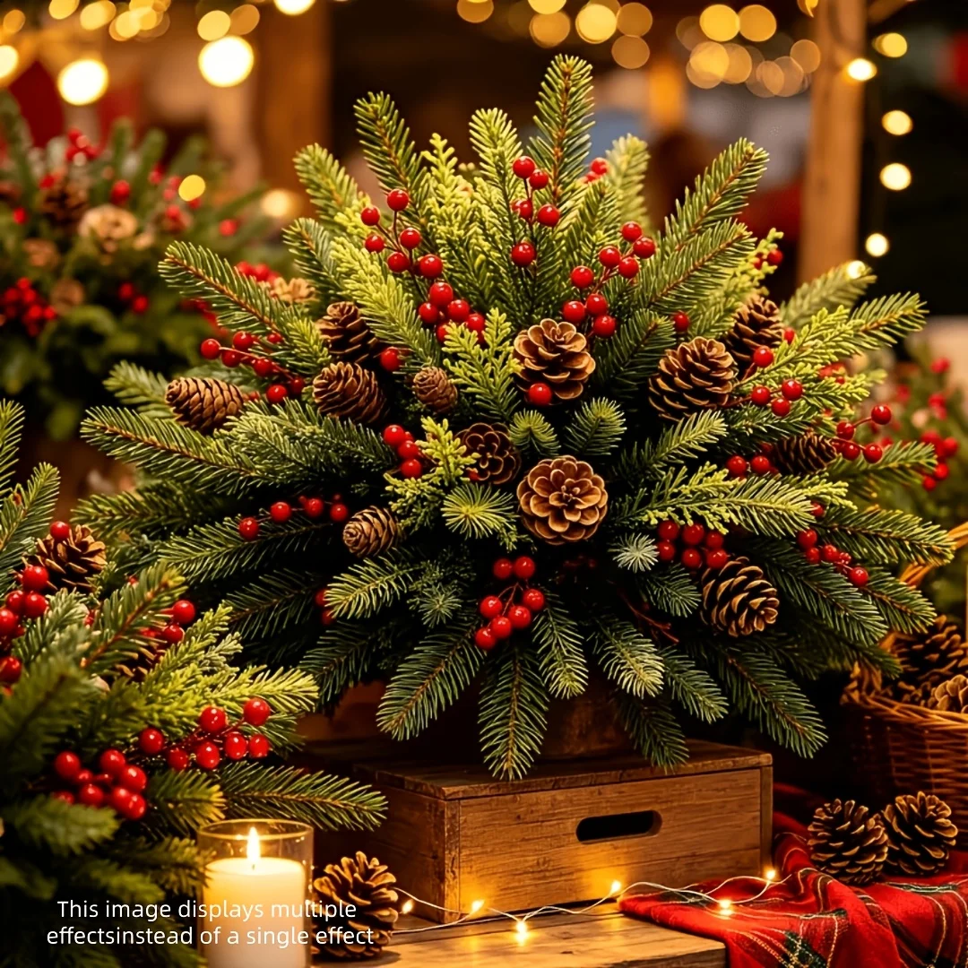 29PCS Artificial Spruce Pine Branches/simulated Pine Cones/red Fruits Mixed Bouquet, with A Natural and Full Floral Decoration