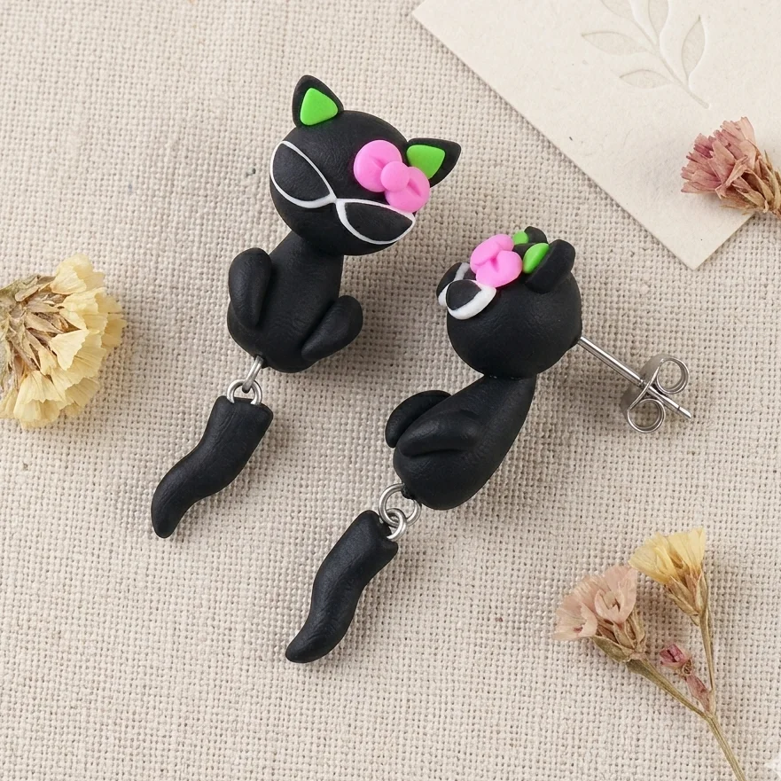 Handmade Black Cat Polymer Clay Stud Earrings For Women Cute 3D Animal Pink Bow Ear Jackets Front Back Piercing Jewelry