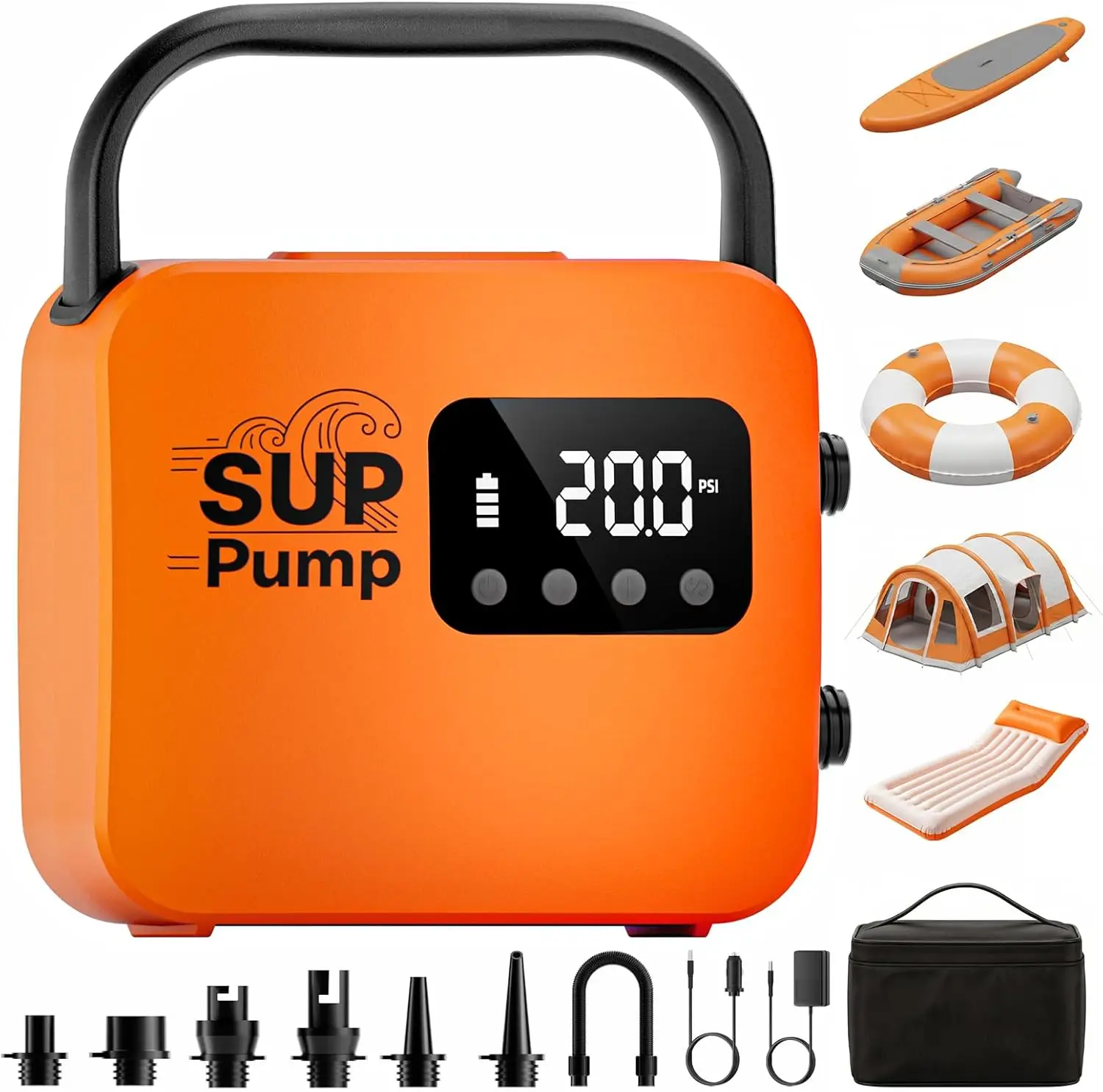 Electric Air Pump for Paddle Boards, Kayaks & Inflatable Boats – 18000mAh Battery, 20 PSI Max Pressure, Auto Shut-Off, Inflate/Deflate, AC/12V/USB Emergency Power Supply
