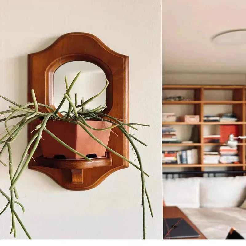 

New Vintage Wall Mirror With Shelf Solid Wood Aromatherapy Candlestick Holder Hanging Decor For Cafe Decor Wall Rack Wall Shelf