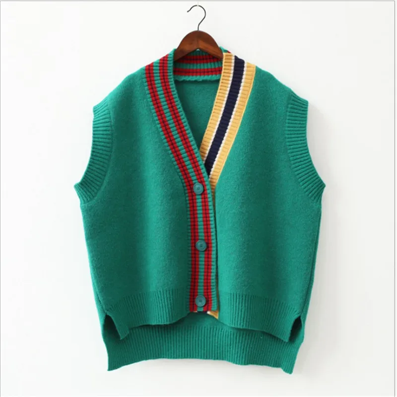 2023 Female Fashion Loose Vest V-neck Button Sweater Open Stitch Casual Striped Cardigan