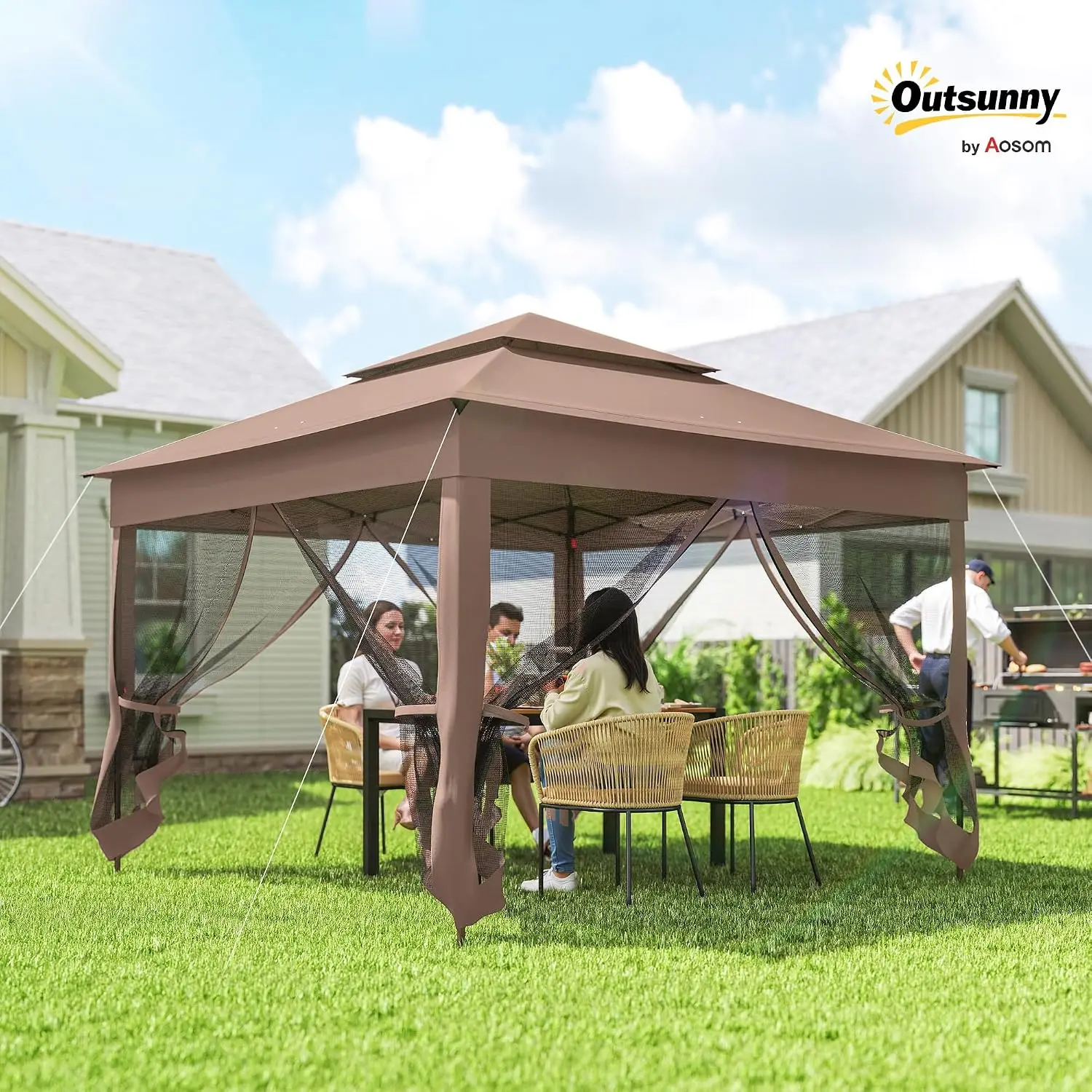 11' x 11' Pop Up Canopy w/Removable Zipper Netting, Brown, Customized