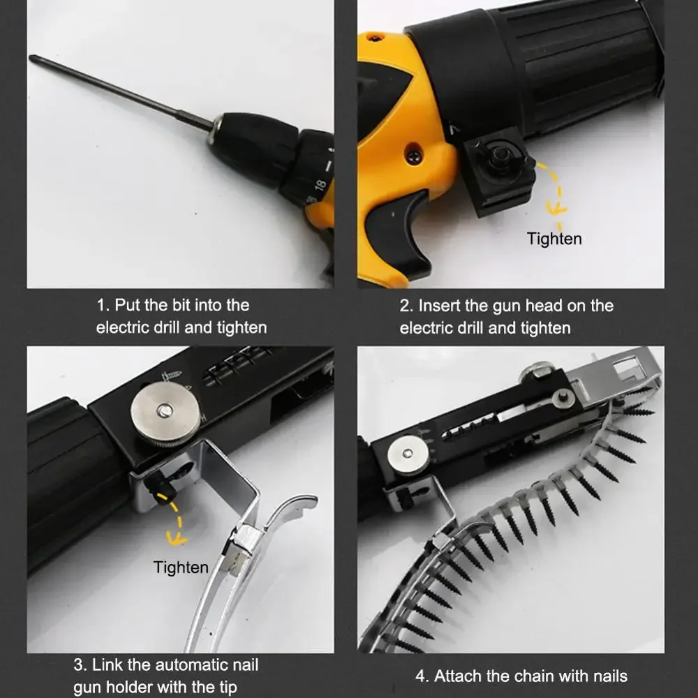 Adaptador de pistola de clavos de cadena automática, adaptador de boquilla de pistola de tornillo, soporte de clavos, Kit de clavos de cadena para taladro eléctrico, herramienta de carpintería