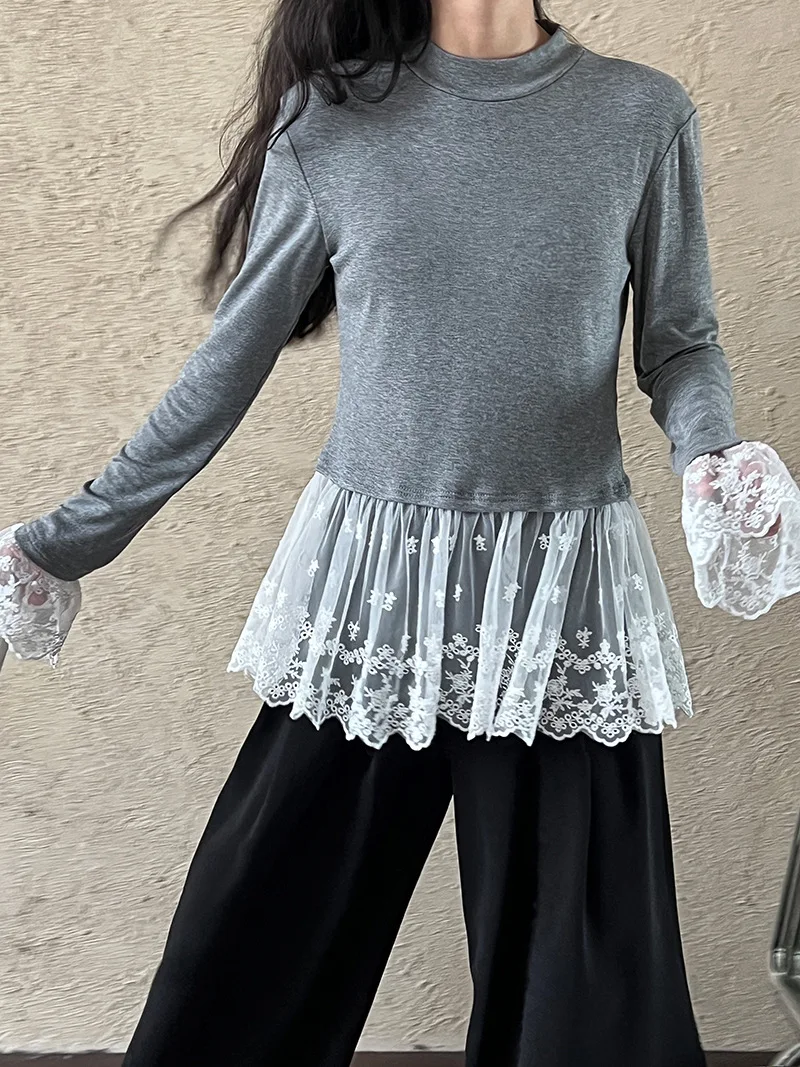 UMI MAO Lace Splicing Top For Women In Spring Short Style Slim Look Long Sleeve T-shirt Base Shirt Femme