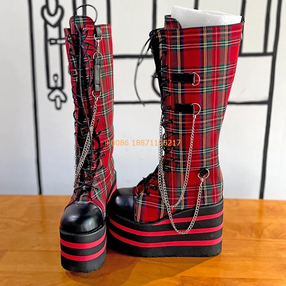 Red Plaid Platform Women's Boots 2024 Round Toe Wedge Heel Chain Cyberpunk Rock Motorcycle Boots New Fashion Ladies Knight Boots