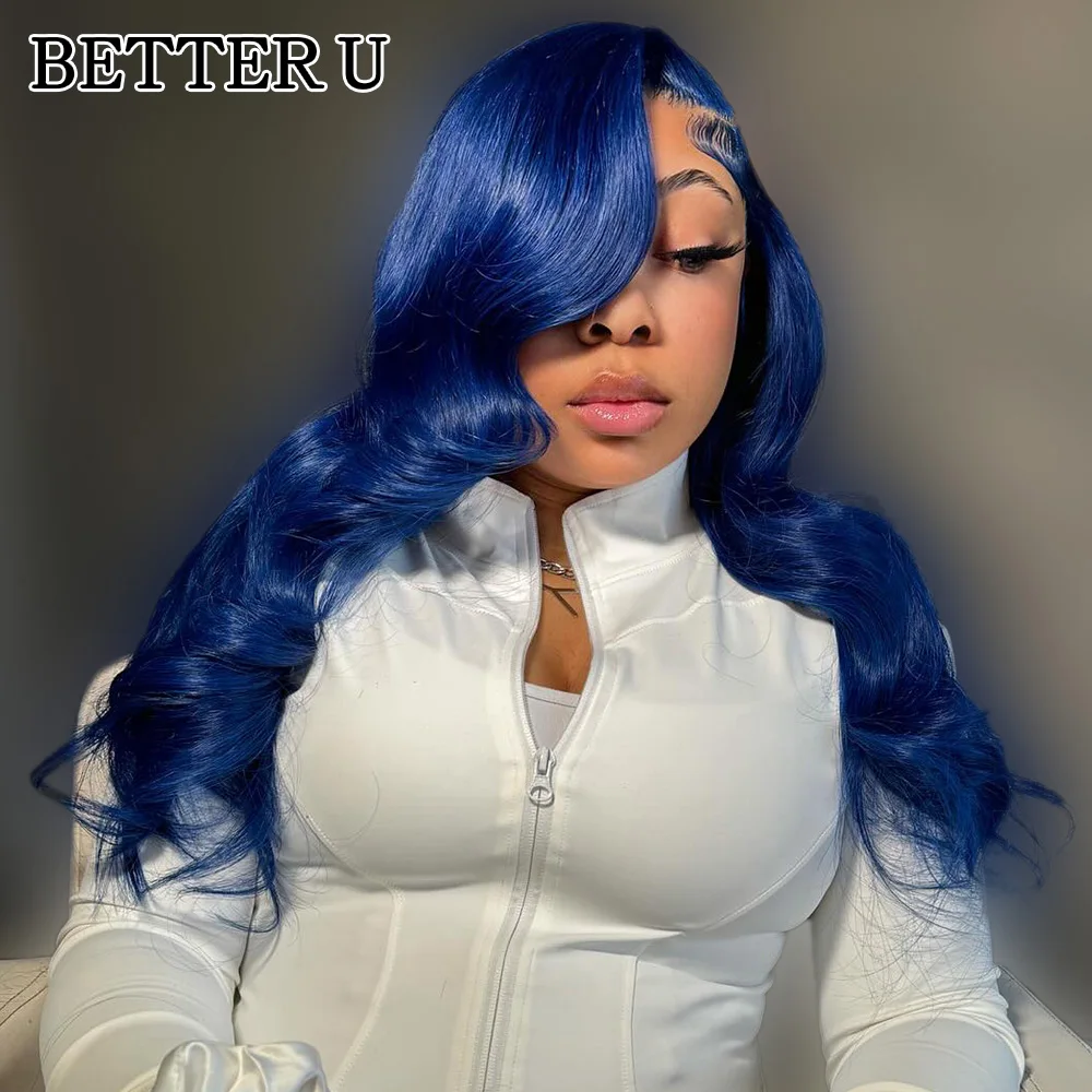 13x6 الأزرق الداكن الدانتيل الجبهة خصلات الشعر المستعار الإنسان للنساء قبل قطعها الجسم موجة 100% خصلات الشعر المستعار الإنسان 250% الكثافة الأزرق الدانتيل شعر مستعار أمامي #3