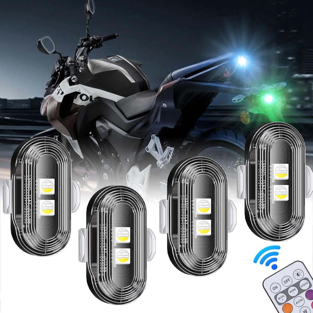 

1/2/4pcs LED Strobe light Motorcycle Flashing Warning Light Spotlights Signal Light USB Wireless Remote Control 8 Color ATV Car