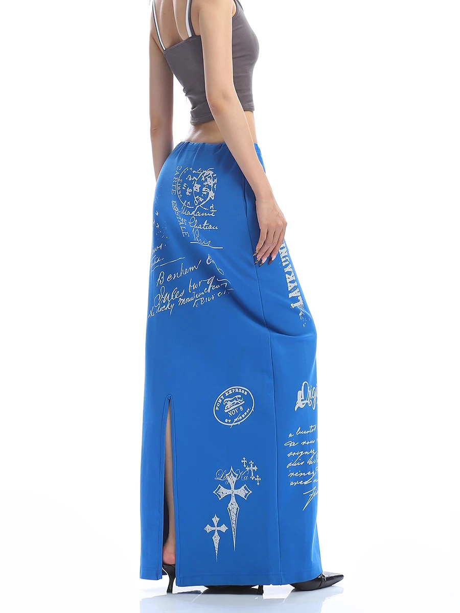 REDDACHiC jupe de survêtement imprimée en détresse avec poches fente cordon de serrage taille droite Maxi longue jupe graphique Vintage femmes bas