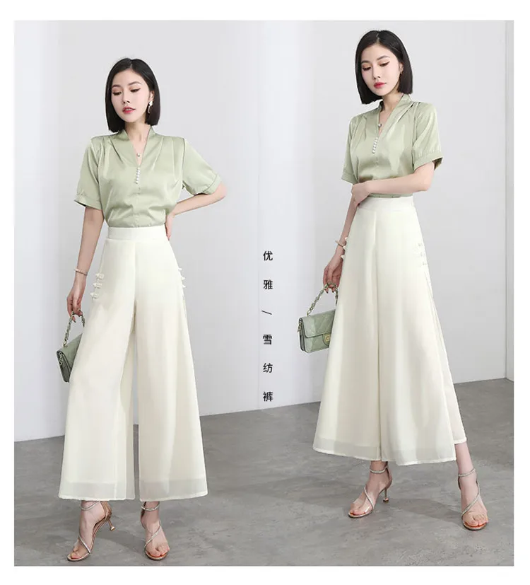 Women Side Slit Chiffon Pants Summer Thin Elastic Waist Wide Leg Pants Chic Droop Trousers Chinese Style Nine Point Pants