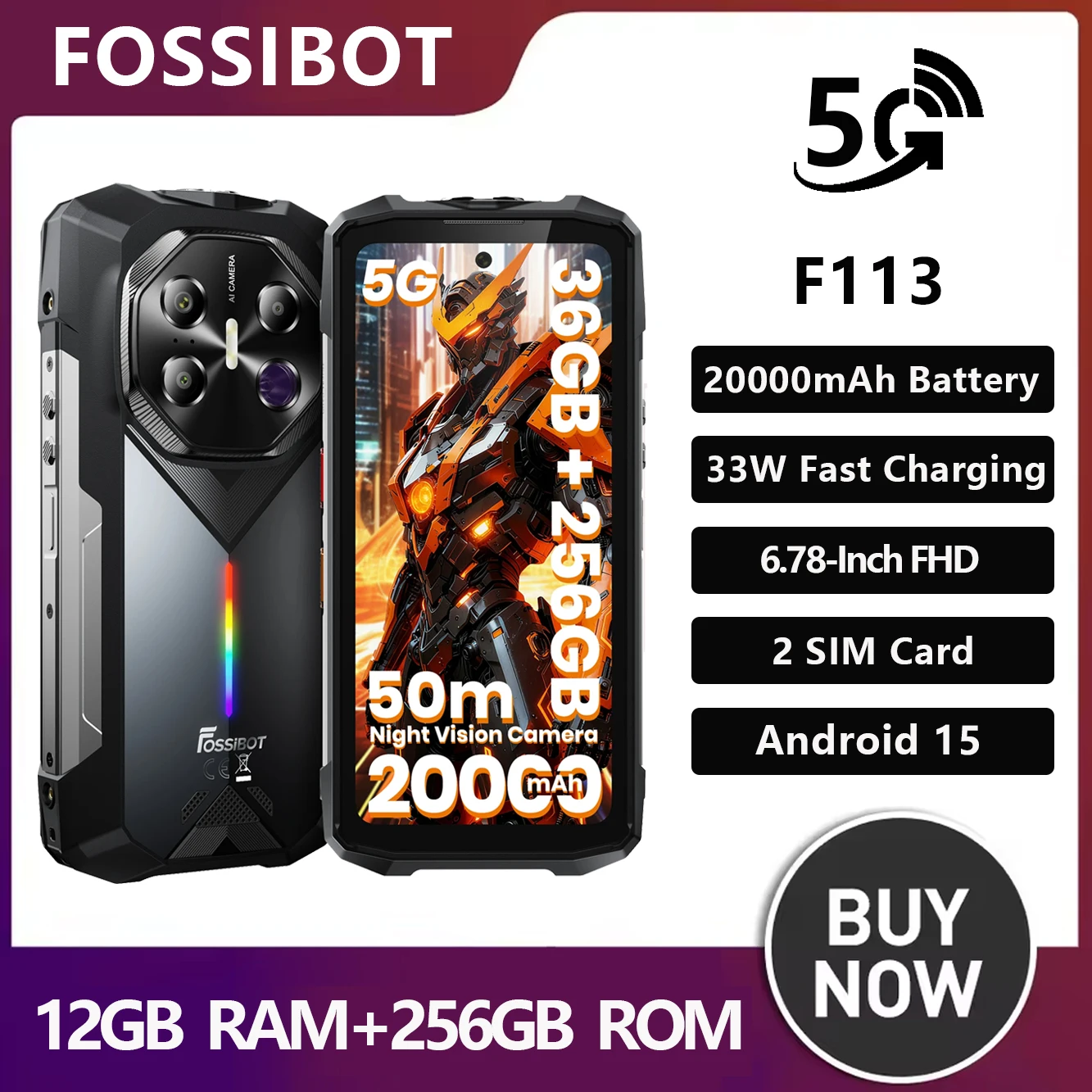 NEW FOSSiBOT F113 5G Rugged Smartphone 6.78Inch 12GB+256GB 20000mAh 2 SIM Camping Light NFC Android 15 Mobile Phone Unlocked