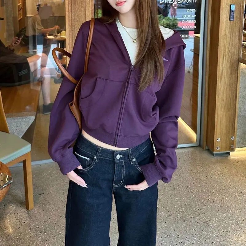 Women Purple Cropped Zip Up Hoodie Long Sleeve Fashion Letter Pocket Design Autumn Hooded Jacket Casual Y2K Short Sweatshirts