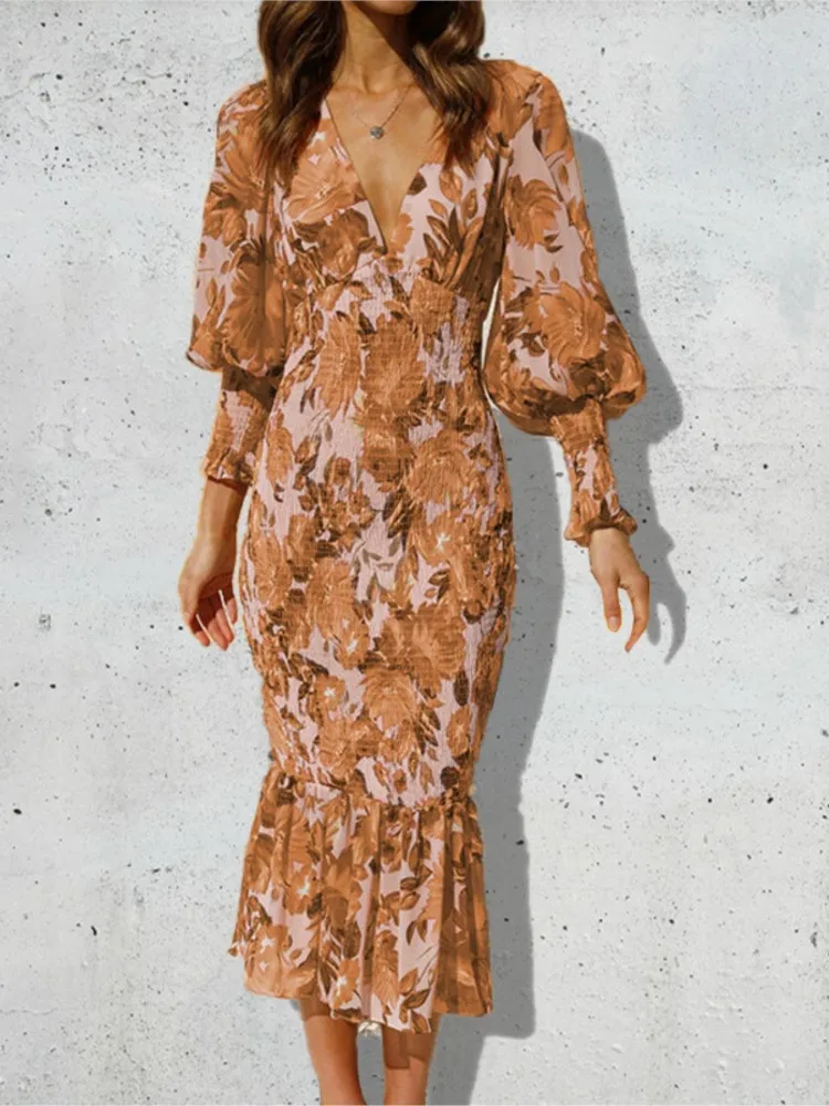 2024 Spring Autumn New Fashionable Printed Sexy V-neck Slimming Fishtail Seven Quarter Sleeve Princess Sleeve Dress